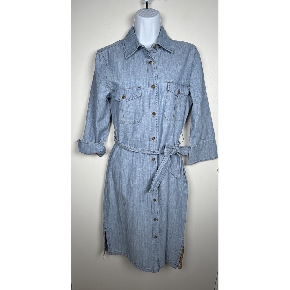 Vtg J Perterman Blue Chambray Denim Buttton Up Belted MIDI Shirtdress Side Slits
